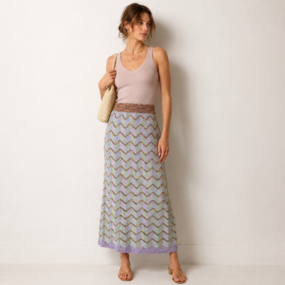 M Missoni Lurex Knit A-Line Maxi Skirt Lilac, Green Zigzag Pattern Size Small